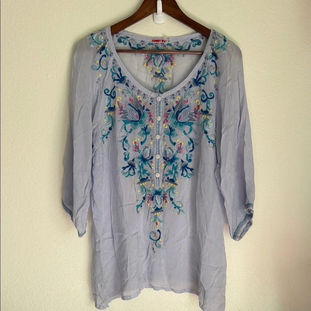 Johnny Was| Blue/ Lavender Embroidered Blouse - Picture 1 of 7